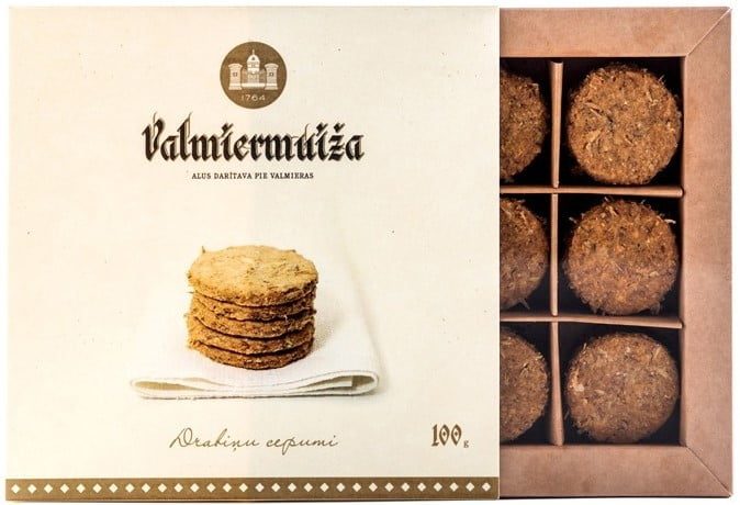 Valmiermuižas drabiņu cepumi iepakojumā.