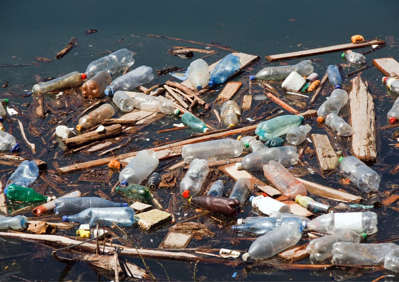 Plastmasas pudeles un citi atkritumi ūdens virspusē.