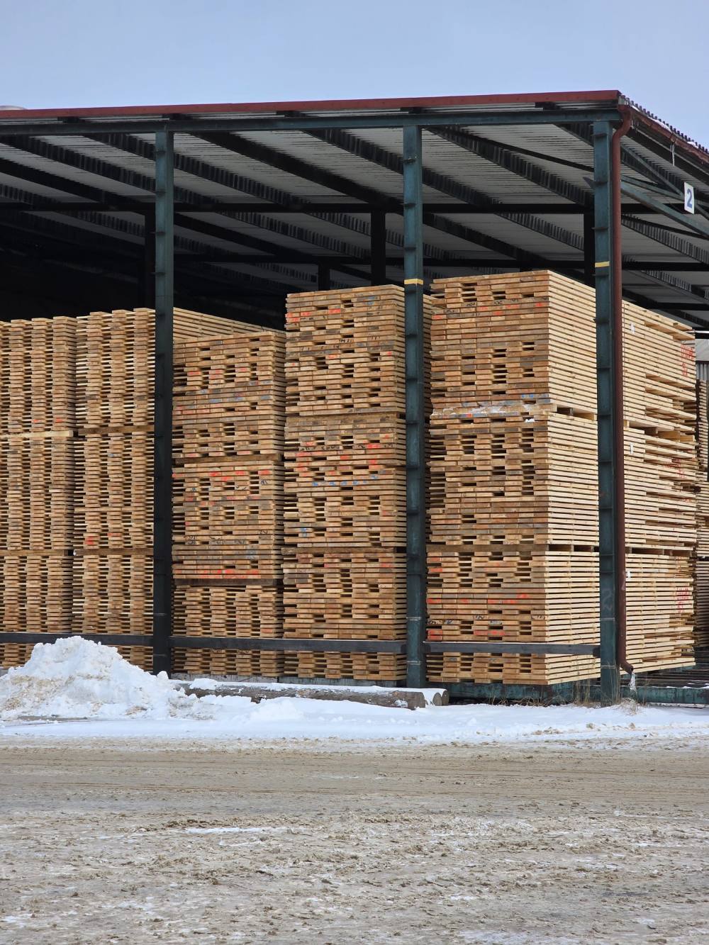 Sawn timber stacked for drying under an open-sided shed